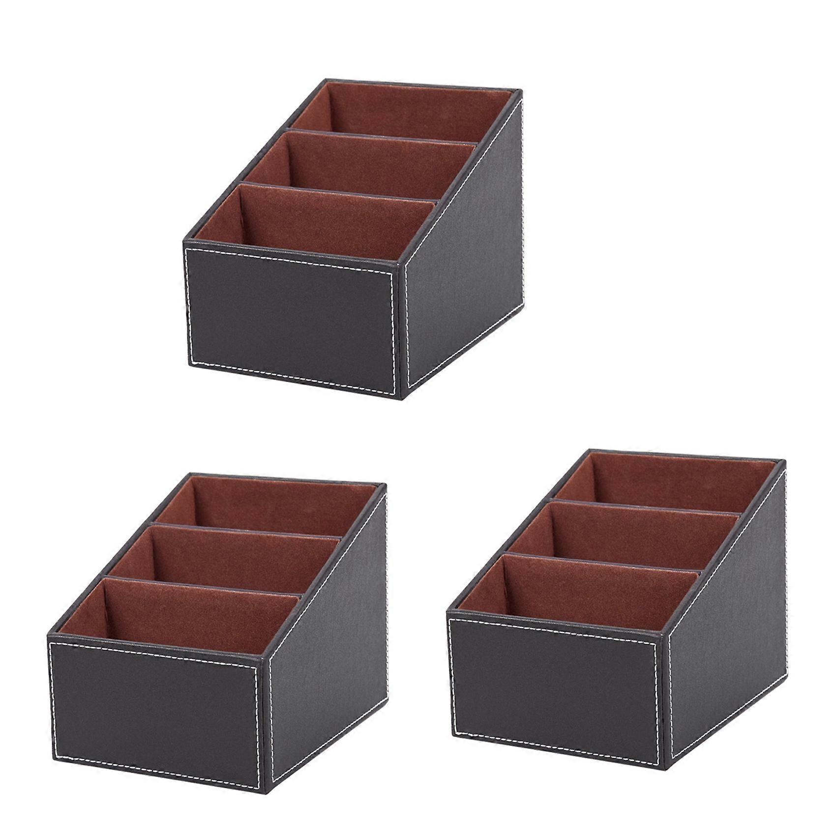 3pcs Leather Remote Control CD Organizer Phone Desktop Storage Box(Brown)