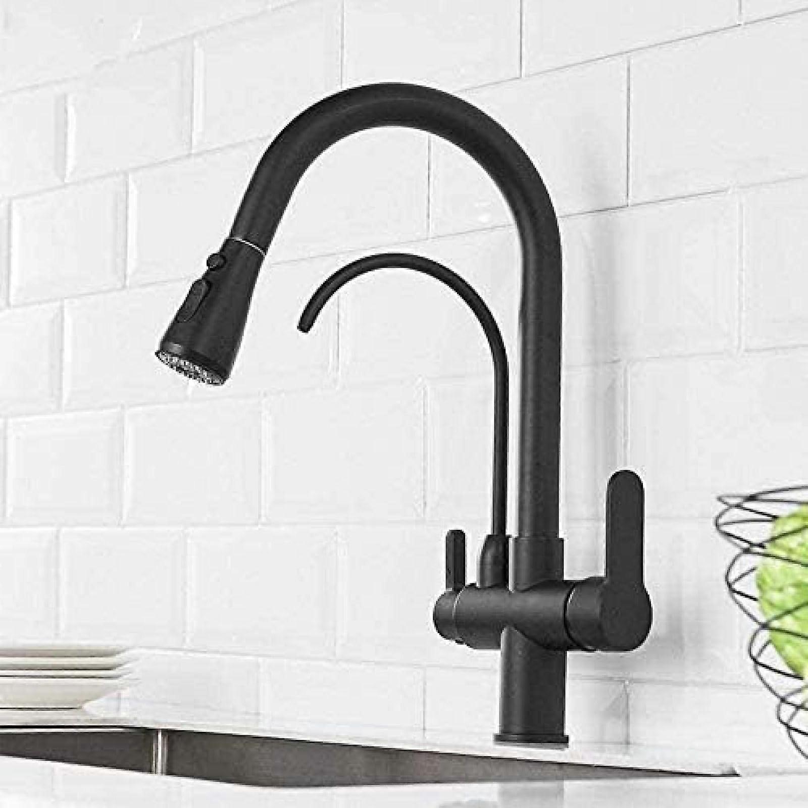 Black Pull Down Kitchen Faucet with Sprayer, Solid Brass Swivel Sink Tap, Splash Flow