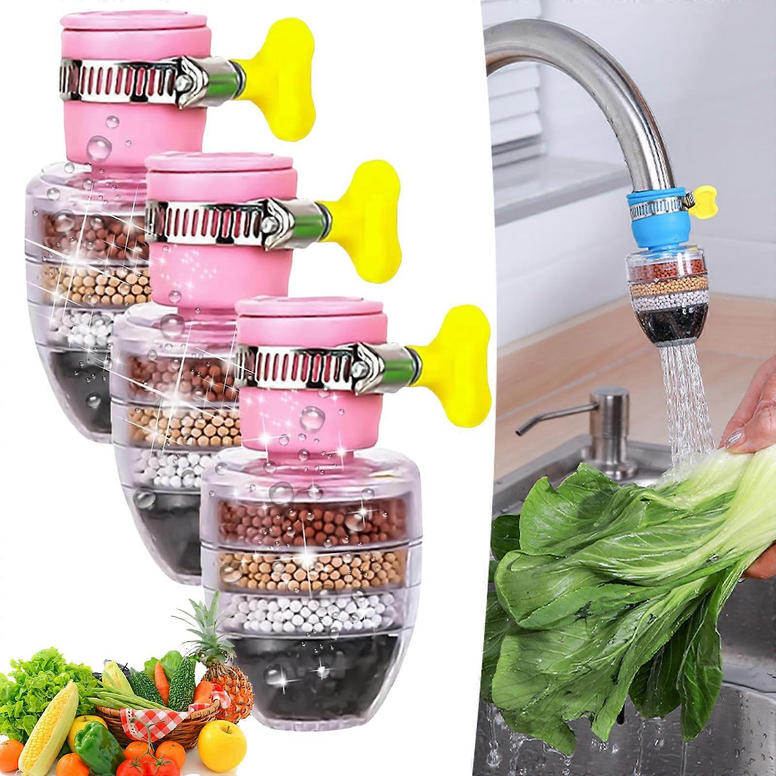 Faucet Water Filter 6 Layer Activated Carbon, SplashProof Kitchen Tap Purifier, Universal Fit, 3pcs Pink