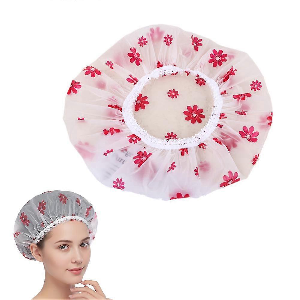 5/10 stk. dusj, gjenbrukbar dusjhatt badehette, vanntett dusjhvit med røde blomster, vanntett hårhatt med elastisk bånd for kvinner damer spa-hette