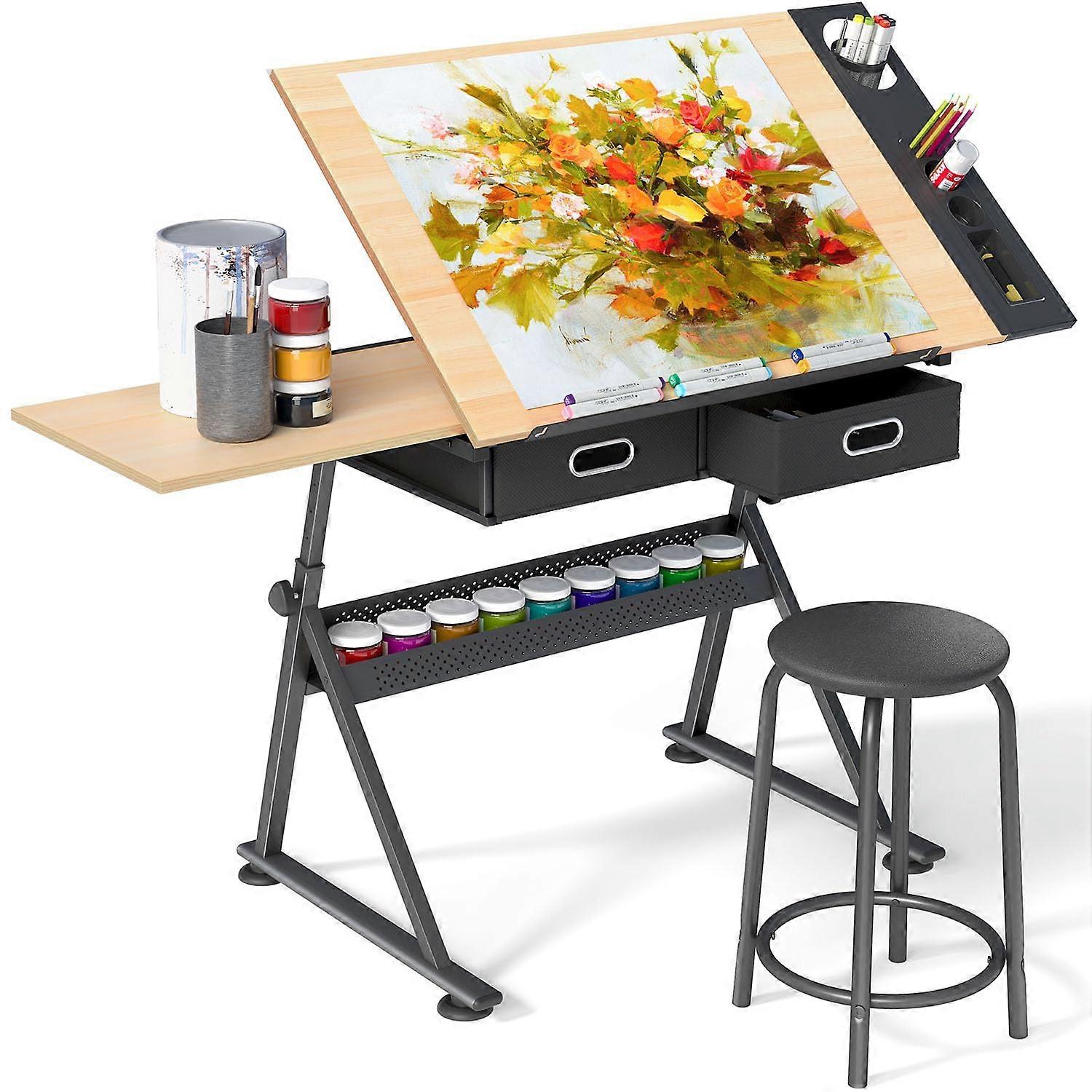 Adjustable Height Drafting Table with Solid Wood  and SlideOut Storage Drawers for Home Office