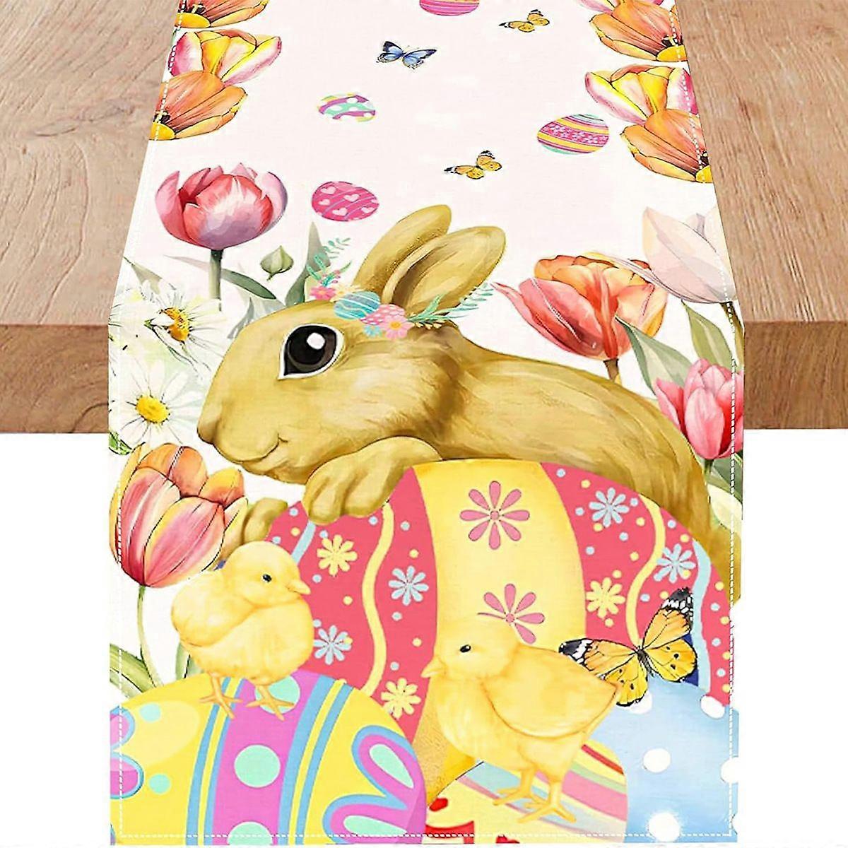 Easter Table Runner - 183 cm - Modern - With Rabbit and Chicks - Spring Tablecloth for Dining Table - Modern Easter Decoration