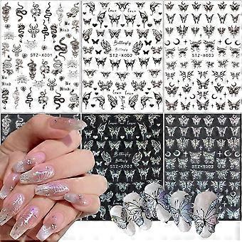 6 feuilles papillon ongle autocollants pour Nail Art, étoiles de lune Nail Stickers autocollants Nail Art fournitures holographique laser argent noir ongles designs Snak