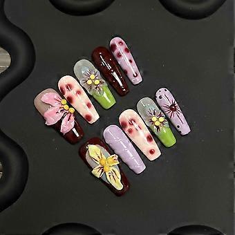 Long Coffin Press On Nails with 3D Flower Art Handmade False Nails Salon Quality Size S