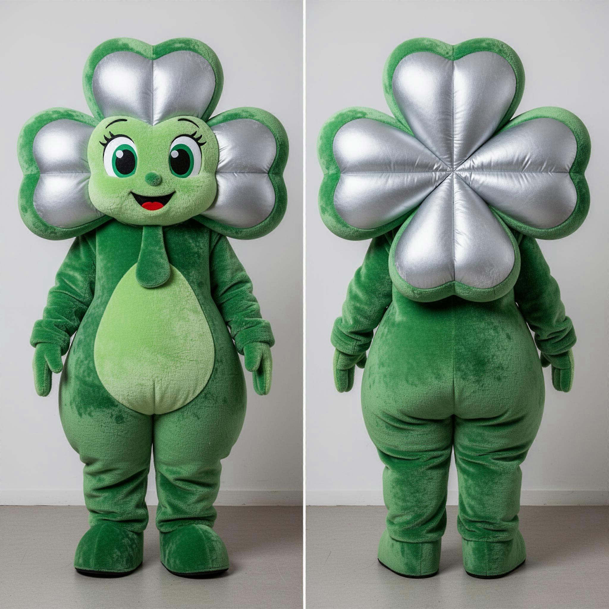 MASTICOT Silver Green Cartoon Four Leaf Clover Mascot