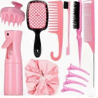 12 Piece Pink Hair Styling Tools Set with Carbon Fiber Combs and Spray Bottle for Salon and Travel