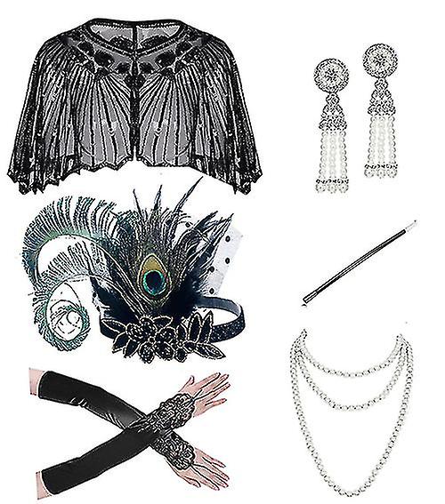 1920s Flapper Gatsby Costume Accessories Set Headband Pearl Necklace Gloves
