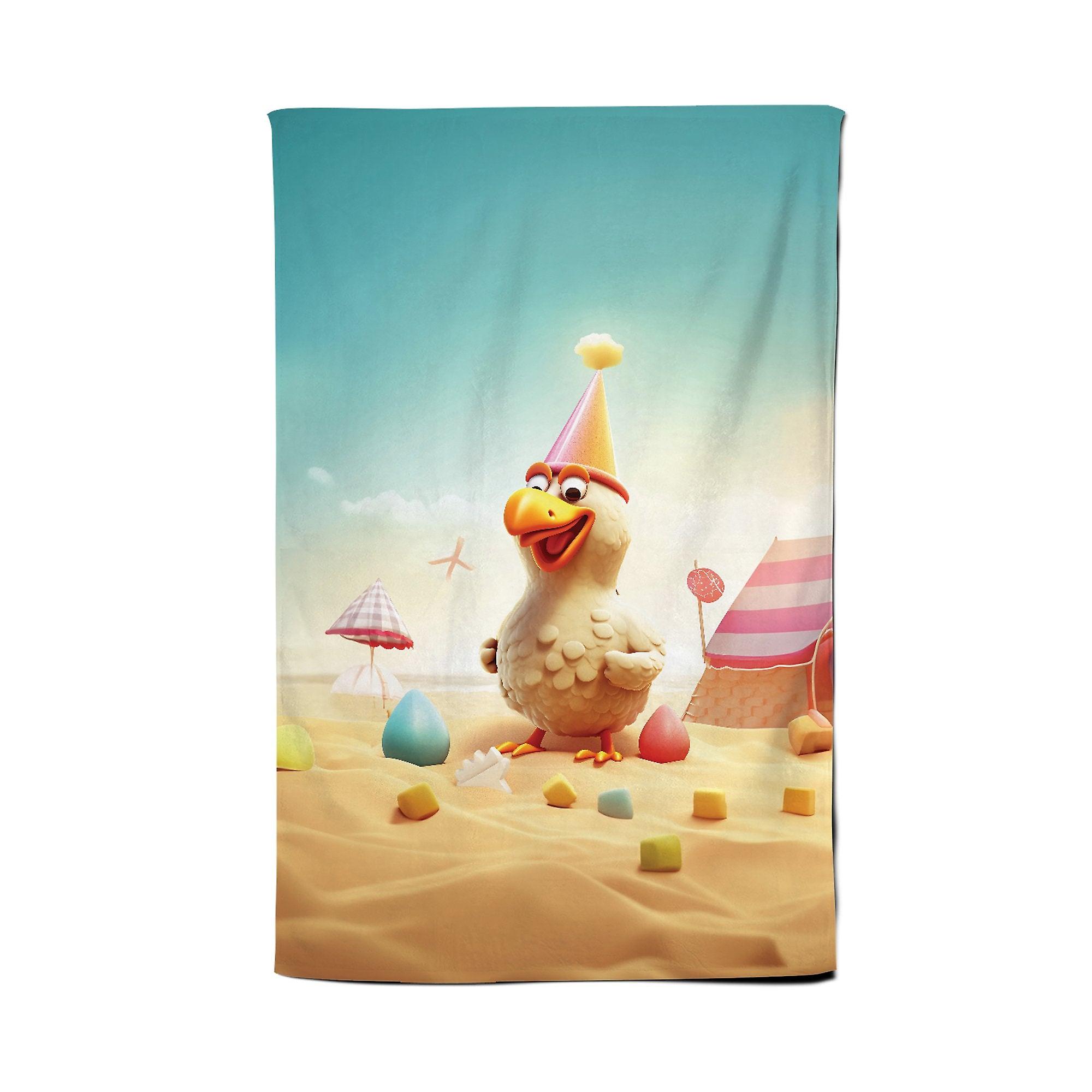 Funky Chicken On A Beach Holiday Tea Towel