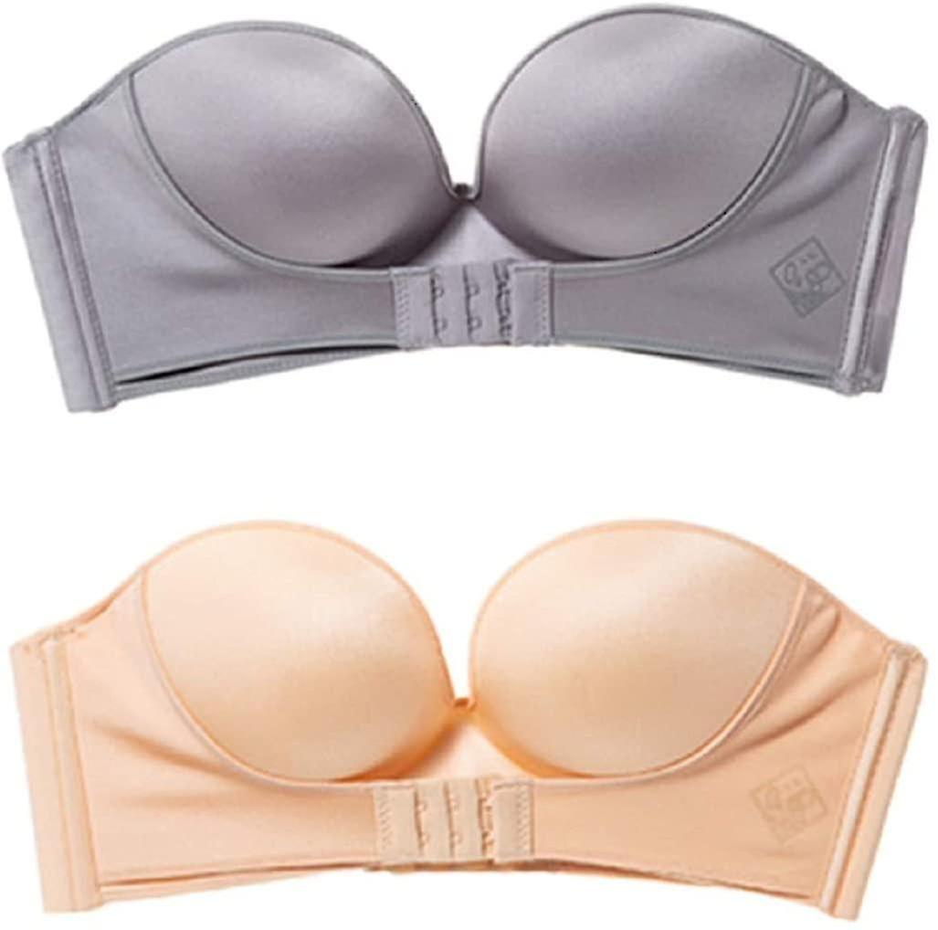2 Pcs Women's Contour Coverage Strapless Bra, Gray Beige, 70a