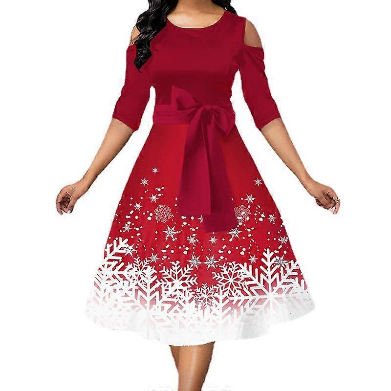 2025 Kerstkostuum Jurk Dames - Print Swing Mini Jurk Met Lange Mouwen | Feestelijke O-hals Casual Losse Kerstjurk