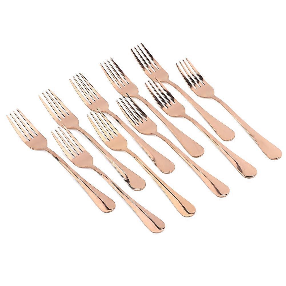 10Pcs/set Stainless Steel Steak Fork Long Handle Dinner Fruit Serving Forks(Rose Gold)