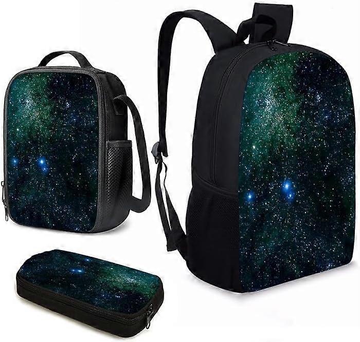 Lightweight 17 Inch School Shoulder Bag Set Green Galaxy Pattern Backpack for Teen Girls Boys with Thermal Insulated Lunchbox Pencil Case