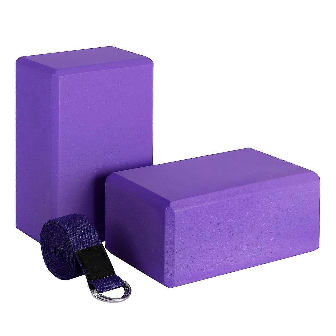 Yoga Block and Yoga Strap Set EVA Foam Soft Non-Slip Yoga Blocks Universal Pilates Stretching and Toning Workouts Purple