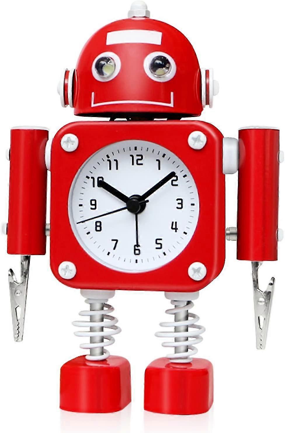 Non-ticking Robot Alarm Clock Stainless Metal - Wake-up Clock With Flashing Eye Lights And Hand Clip (ruby Red)