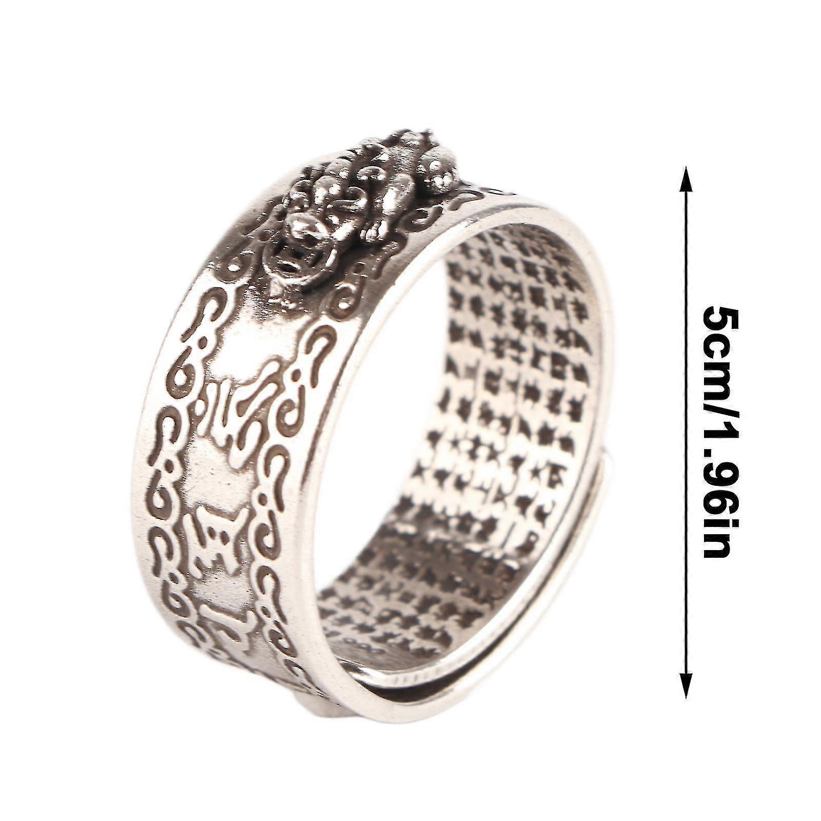 Vintage Heart Sutra Thai Silver Adjustable Pixie Ring for Wealth Transfer