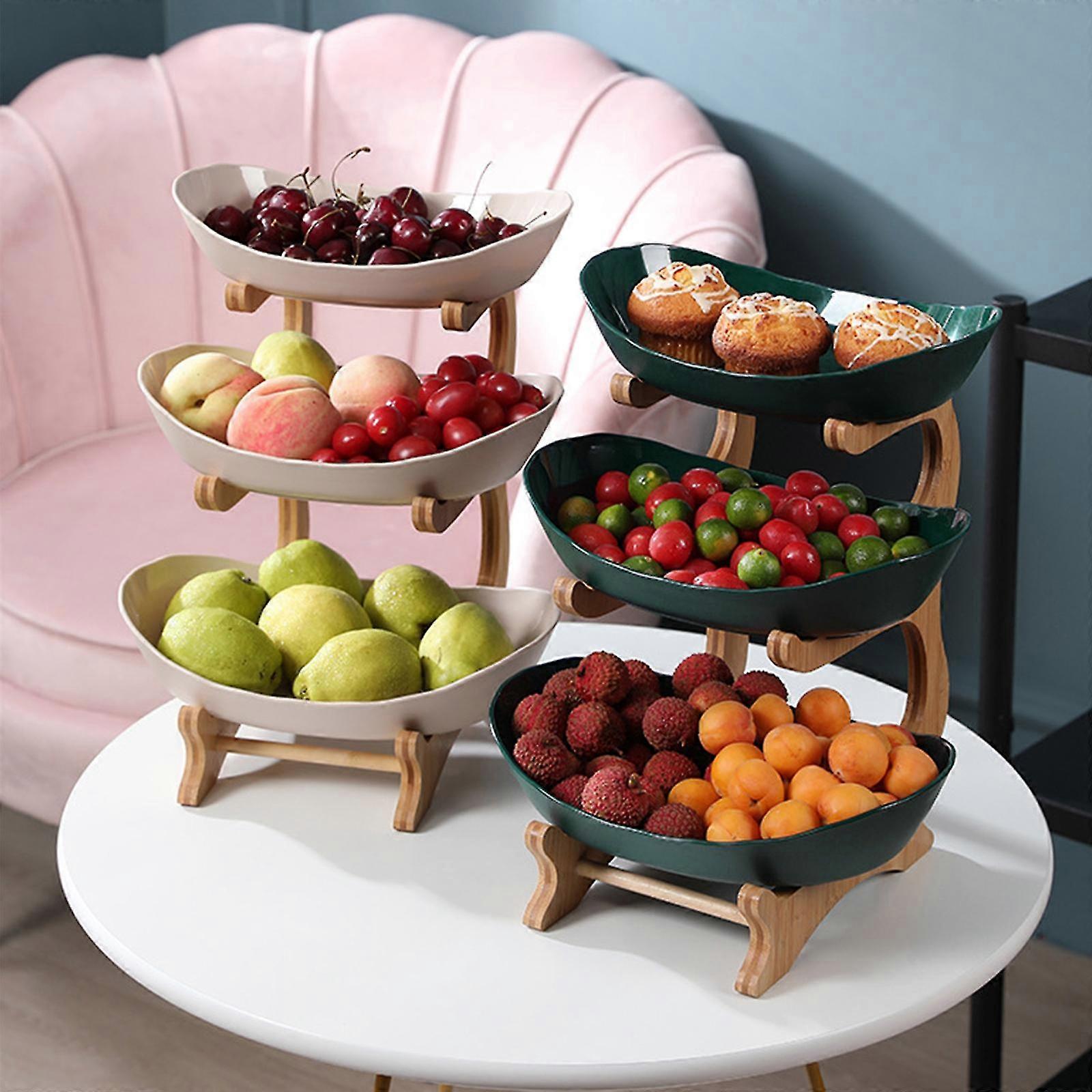 New Durable 3 Tier Fruit Basket Serving Tray With Handle Wood Stable For Kitchen Party