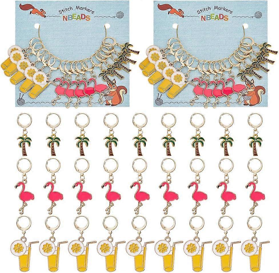 30 Pcs Summer Theme Stitch Markers Juice/Flamingo/Coconut Tree Enamel Crochet Stitch Marker with Removable Leverback Hoop for Knitting Weaving Quiltin