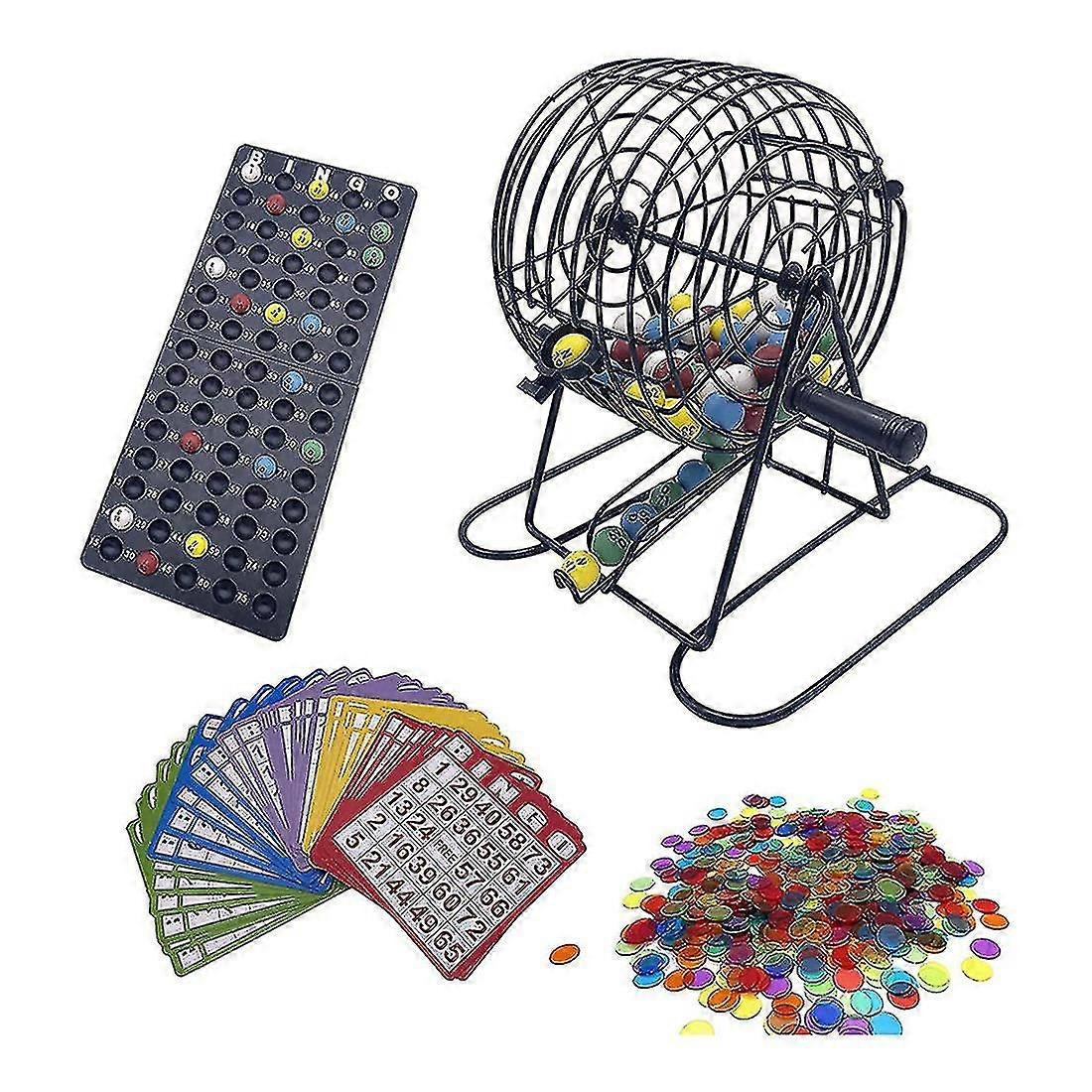 Coffret de bingo de luxe avec cage de bingo de 15 cm, plateau de bingo Master, 75 boules colorées et 50 cartes de bingo
