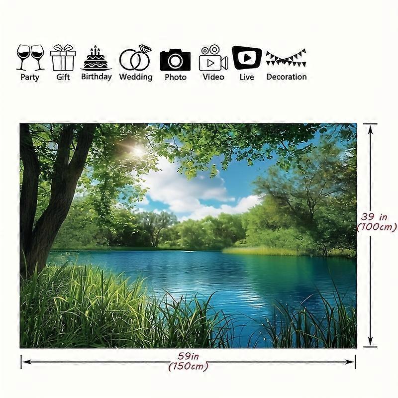 1pc Outdoor Scenery Backdrop - River Blue Water, Tree Forest, and Garden with Blue Sky - Perfect for Camping, Hiking, and Spring Picnics