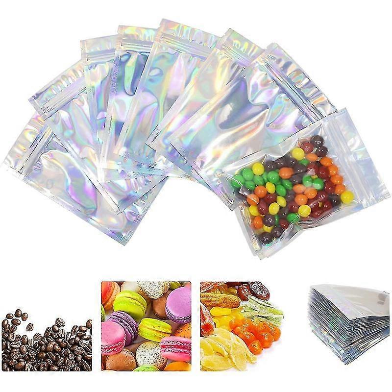 100 个铝箔袋，可重新密封防臭袋全息自封食品储存塑料包装袋，3.9x5.9