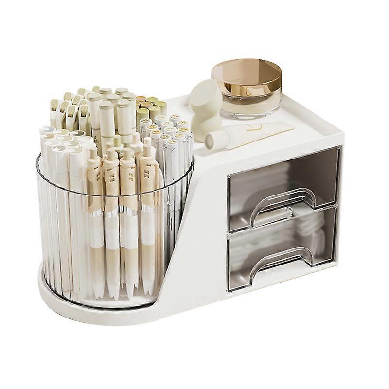 Rotating Desk Organizer with 2 Drawer, Pencil Pen Holder for Desk