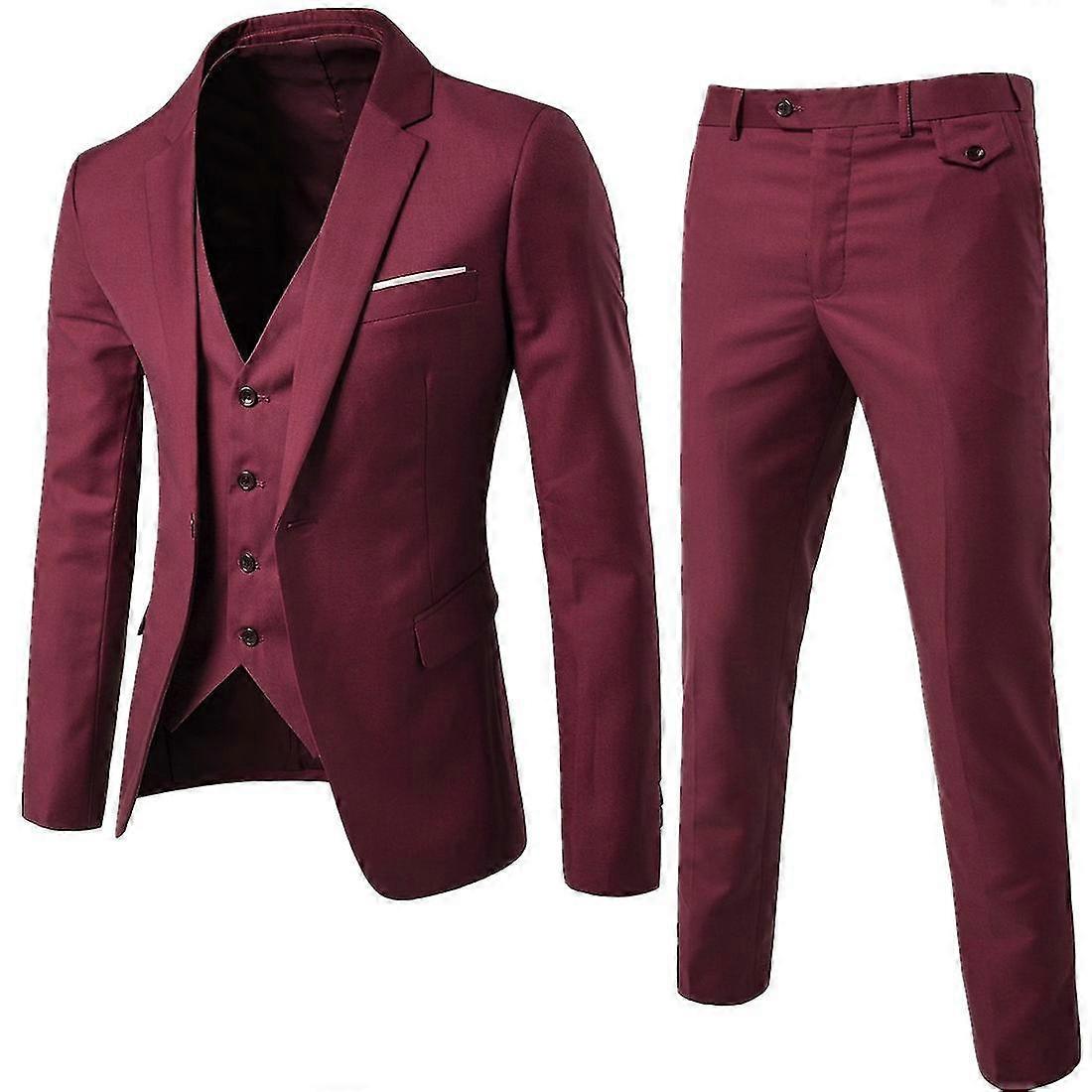 Herren 3 Stück Slim Fit Anzug Set Ein Knopf Massive Jacke Weste Hose Business Set