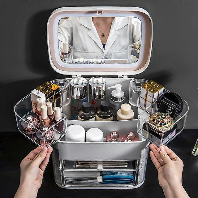 New Cosmetic Storage Box With Mirror Led Light Desktop Makeup Organizer Case Dust-Proof Drawer Type Organizer For Cosmetics
