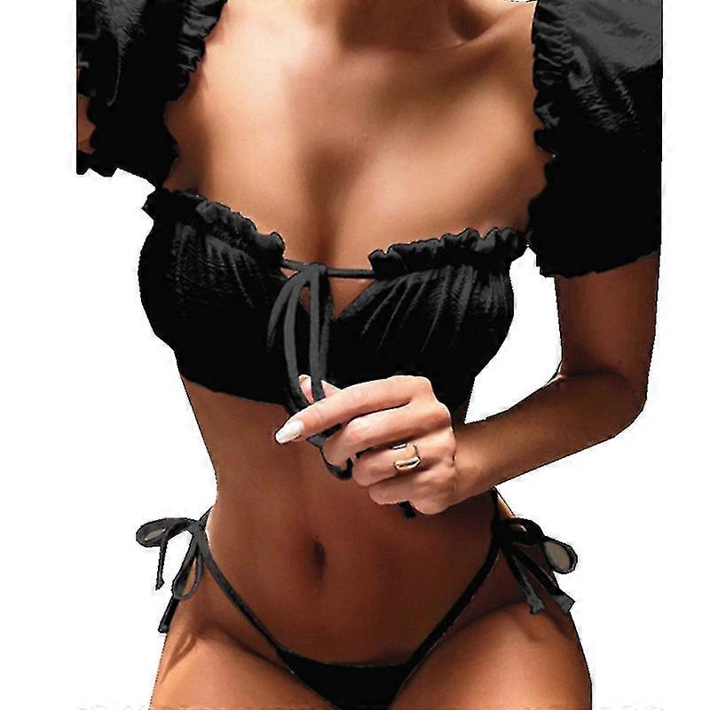 Women Shirred Bikini Solid Color Two Piece Swimsuits Set Puff Sleeve Bathing Suits