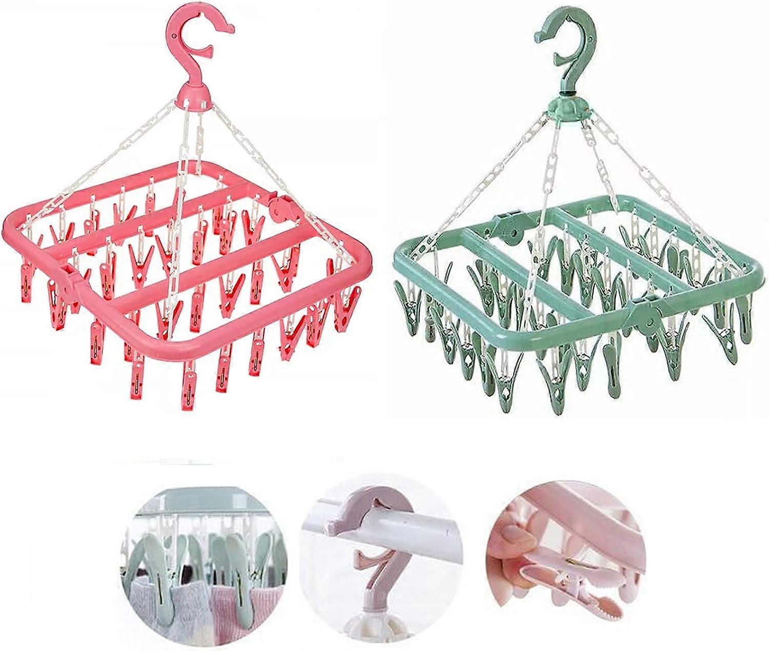 Sock Drying Rack, 2PCS Hanging Clothes Drying Rack Clips Portable Plastic Drying Rack with 40 Clips for Socks Underwear Clothes Towels(Pink,Green)