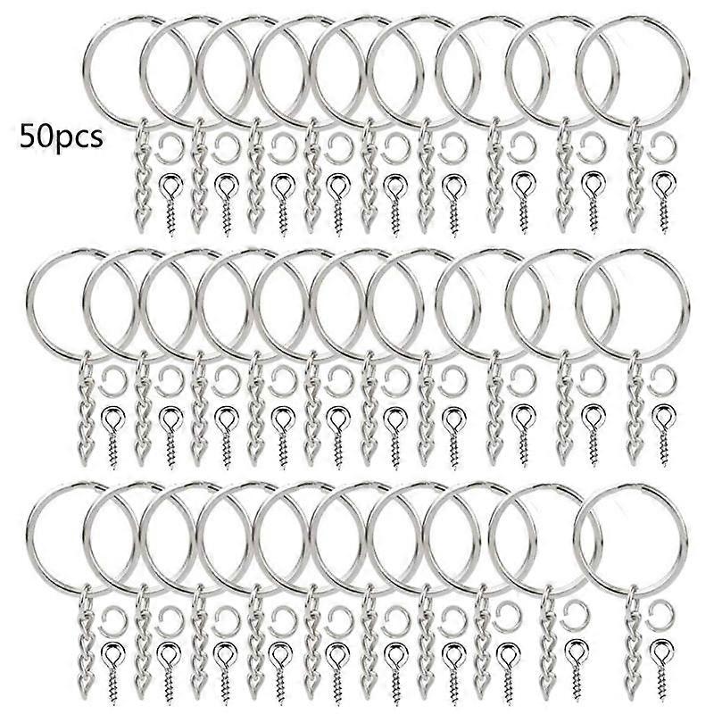 50 Pcs Silver Screw Eye Pin Split Key Chains with Open Jump Rings Jewelry Making