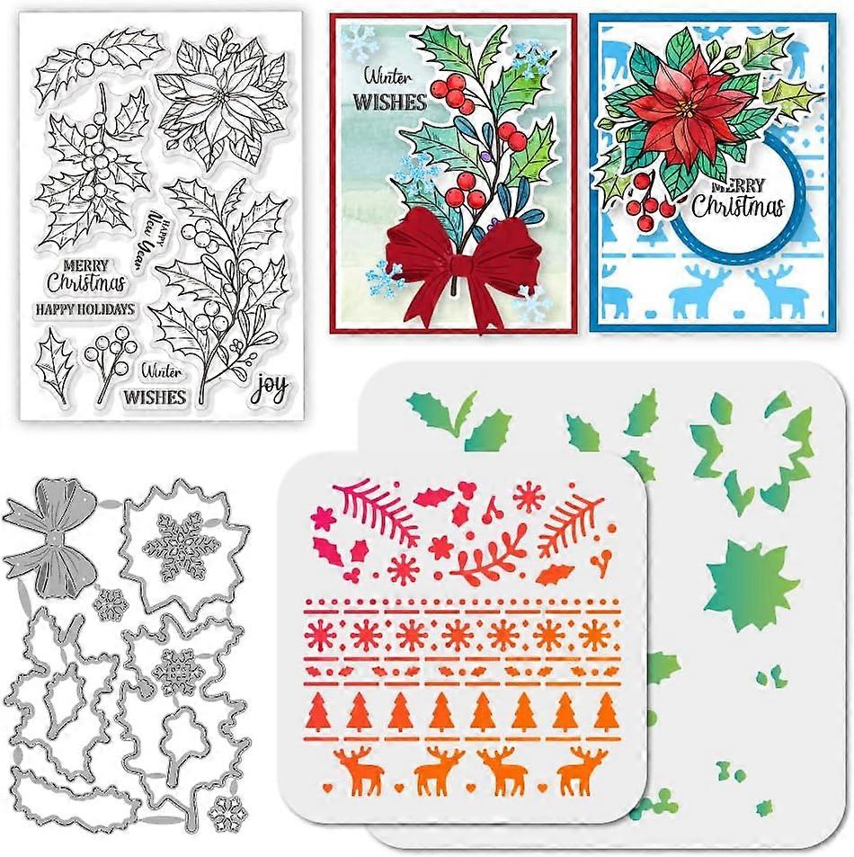 Christmas Holly Berries Clear Stamp Snowflake Cutting Die PET Paint Craft Stencils Template Set for Card Making and DIY Embossing Scrapbooking Craft D