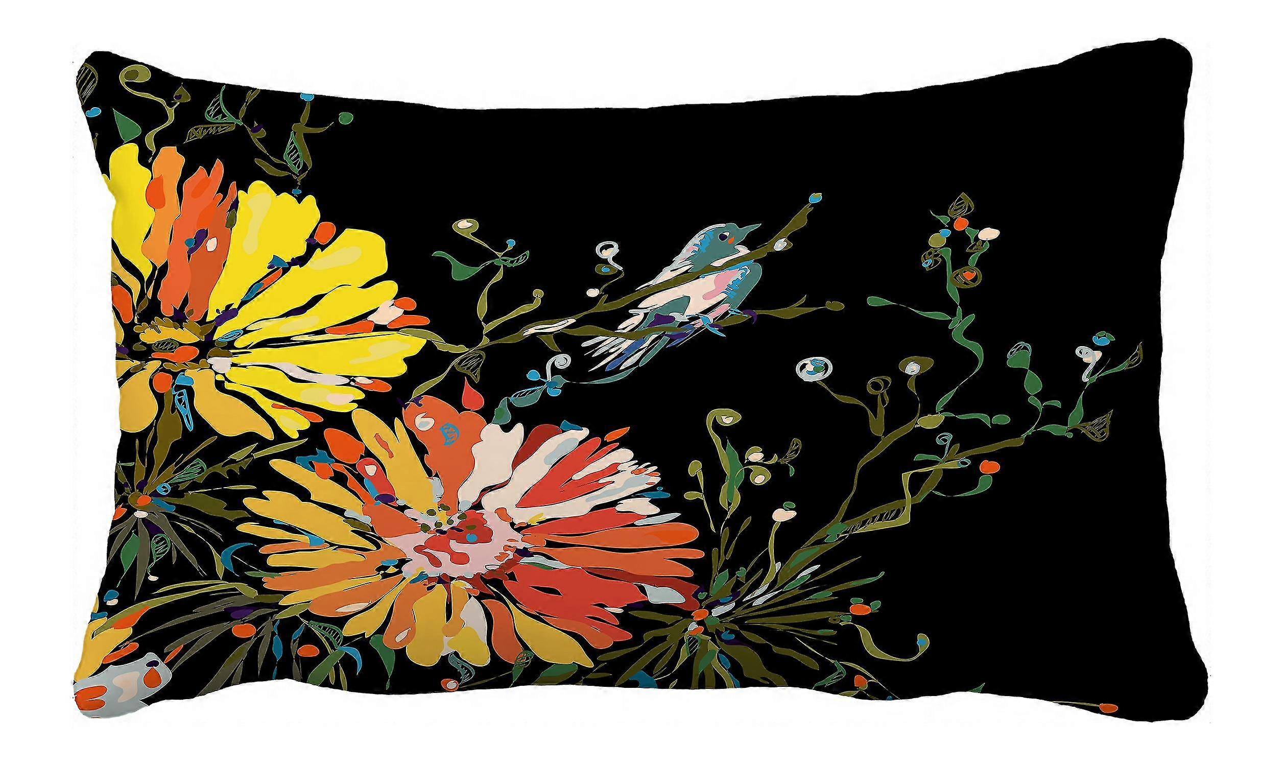 Bird Sitting Flower Black Pillow Case Cover (50x75cm)