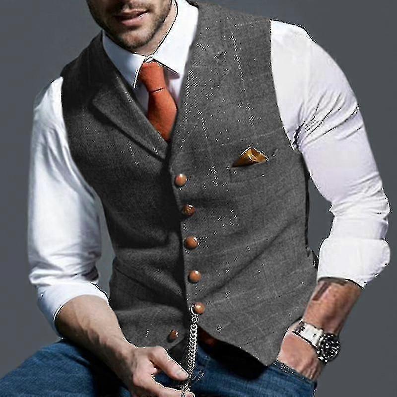 Herren Anzug Weste Gekerbt Kariert Wolle Fischgrät Tweed Weste Casual F
