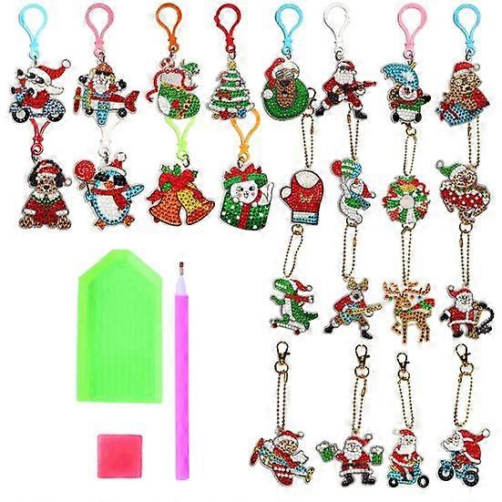 8/9/12/15/24Pcs Diamond Painting Keychain Christmas Style with Hanging Rope DIY Craft Stress Relieve Hands-skill Improve Keychain Pendant