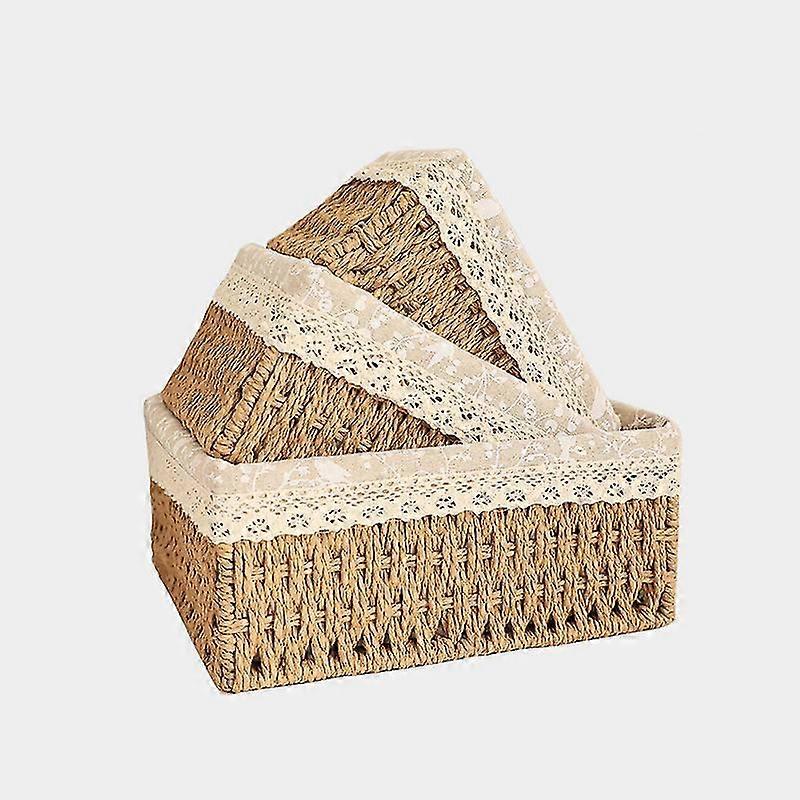 Woven Wicker Storage Baskets, Paper Rope Storage Boxes Bin Organizer Divider For Cupboards Drawer Closet Shelf Dresser, Set Of 3 (brown)
