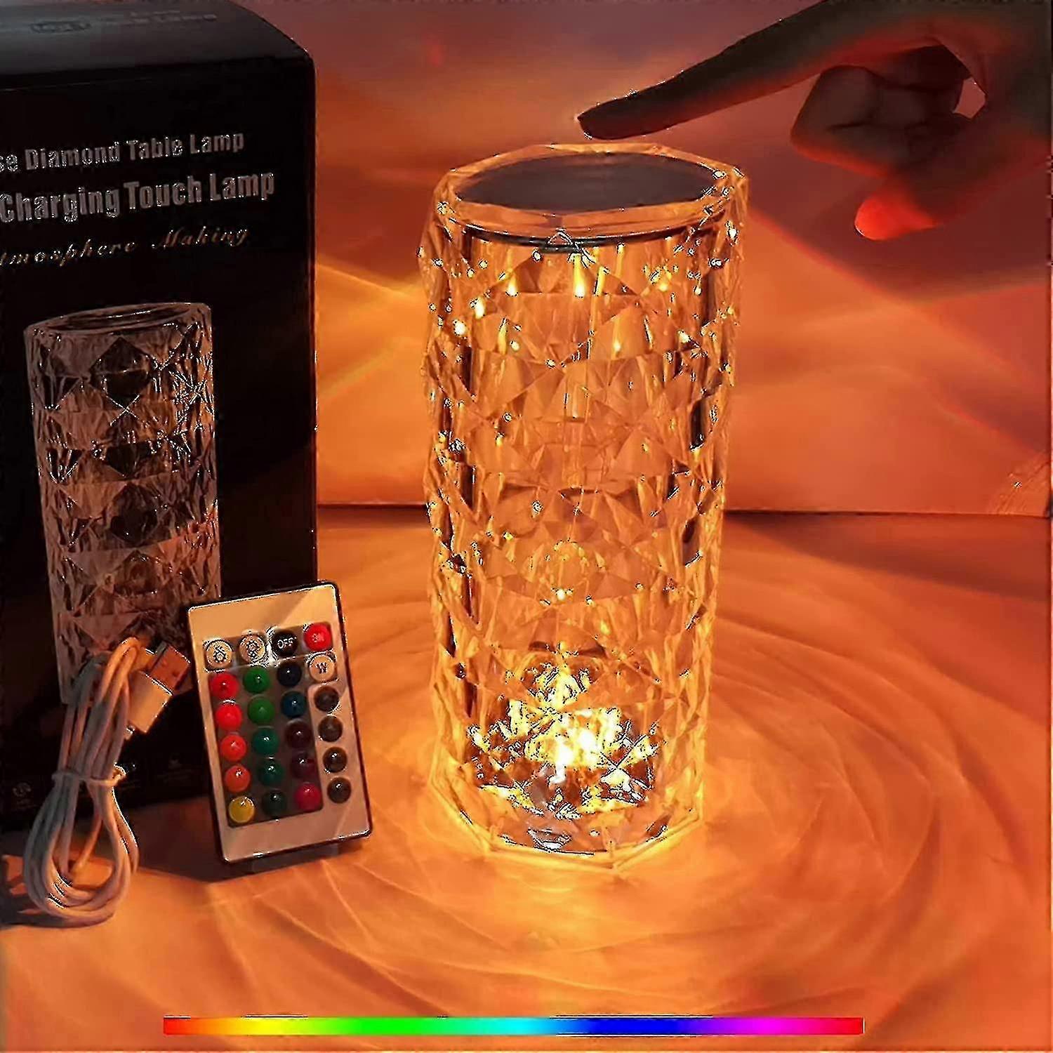 10inch Crystal Diamond Table Lamp, Touch Control Bedside Lamp With Usb Port Multicolor Change Creative Romantic Rose Acrylic Led Light