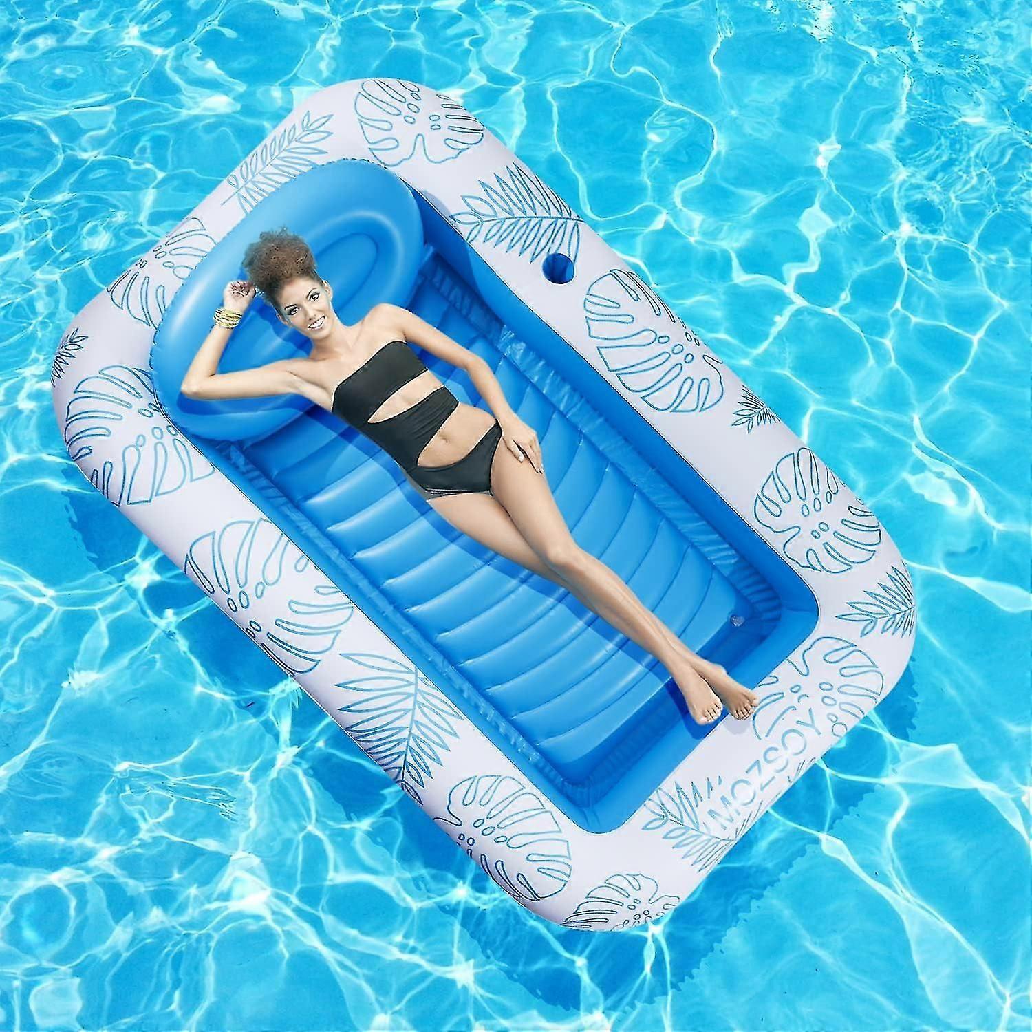 Inflatable Pool Floats Tanning Pool Lounger Float, 4 in 1 Sun Tan Tub Sunbathing Pool Lounge Raft Floatie with Cup Holder, Summer Pool Party Toys