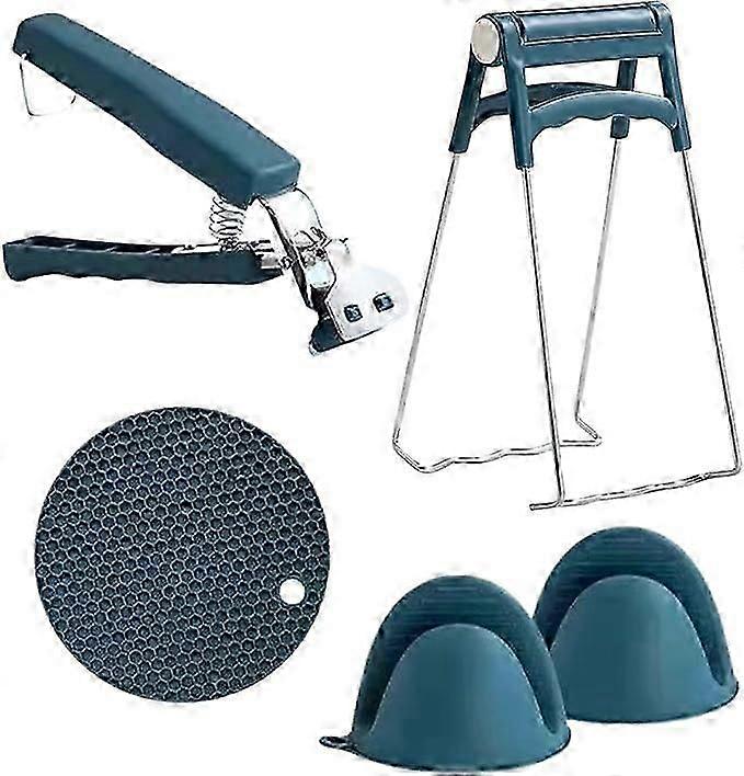 مشابك القابض وعاء ، مجموعة حماية متعددة الوظائف 5 قطع ، مشبك وعاء مضاد للحروق ، رافع أطباق من الفولاذ المقاوم للصدأ ، حصيرة واقية من السيليكون أزرق 9 * 17.5 سم