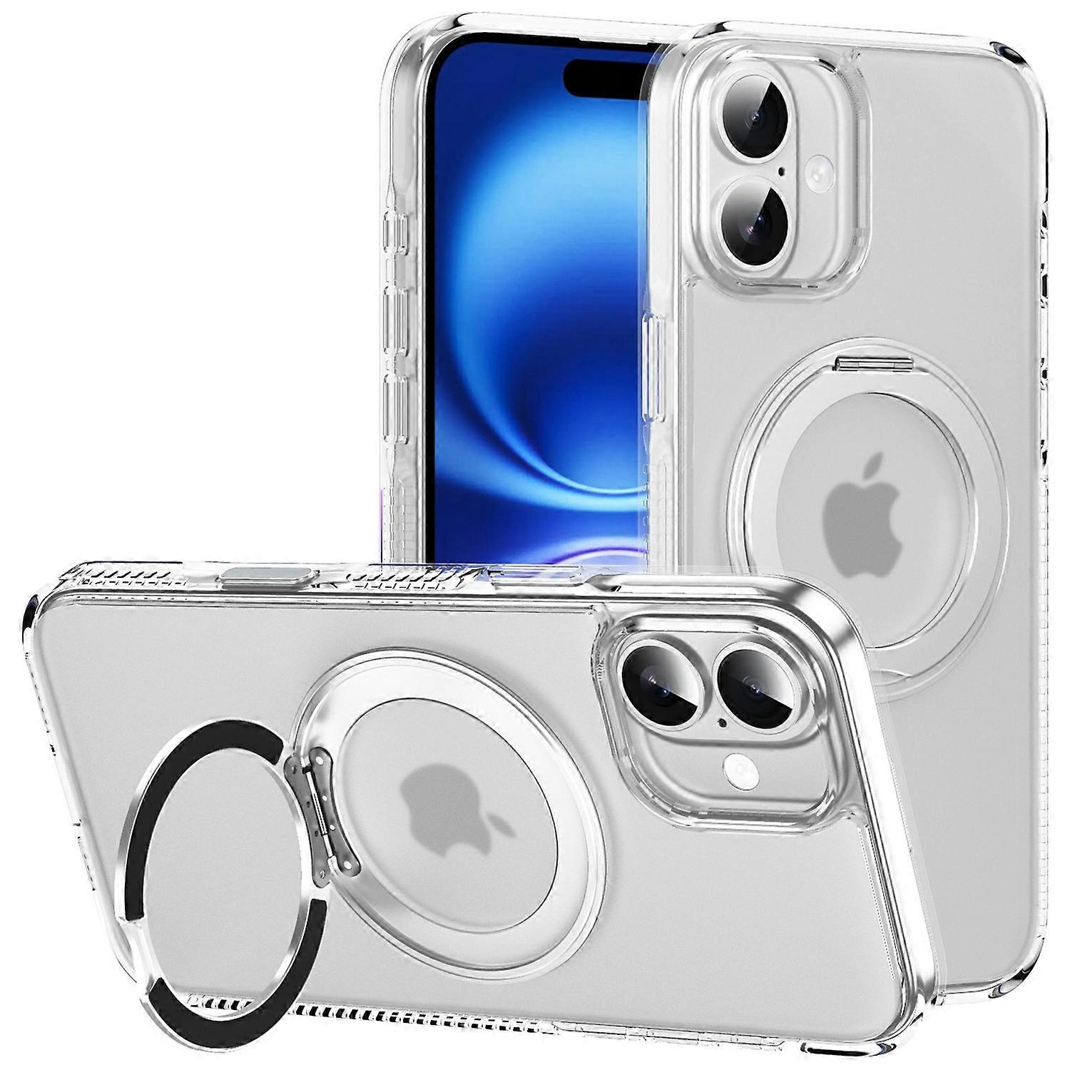 For iPhone 16 Plus Case with Camera Touch Control Button Rotating Kickstand PC TPU Magnetic Phone Co