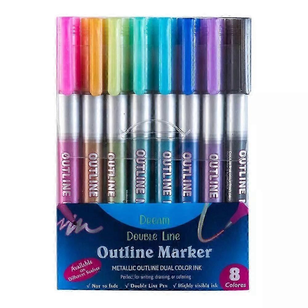 8Pcs Marker Pen for Highlight,Outline Marker Set Double Line Self-outline Marker