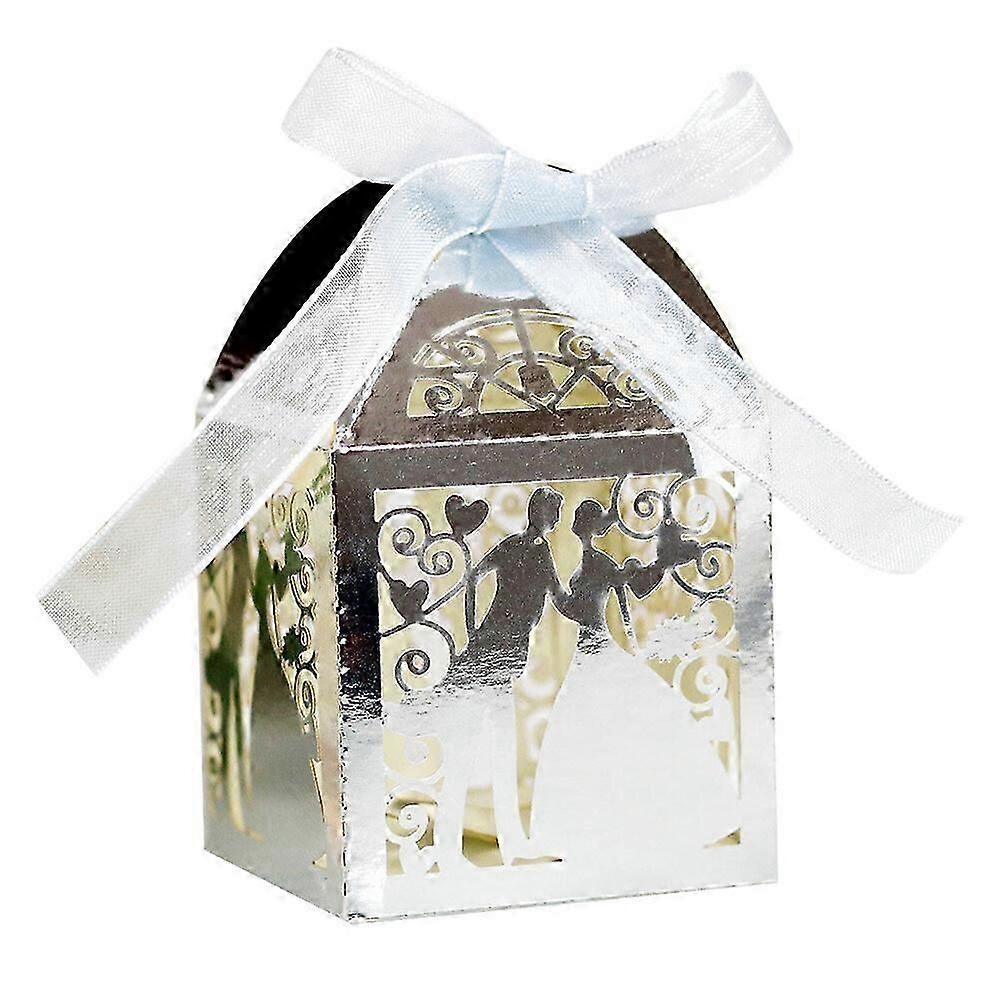 50 Pack Wedding Favor Boxes, Hollow Couple Pattern Wedding Party Favor Boxes with Ribbons, Small Paper Gift Boxes Lace Candy Boxes for Wedding Baby Sh