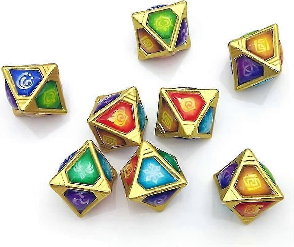 Genius Invokation TCG Dice Set, Handmade 8 Pcs Rhombic Solid polyhedral Dices Set with 7 Elemental Die & 1 Omni Element for Genshin Impact Card Game