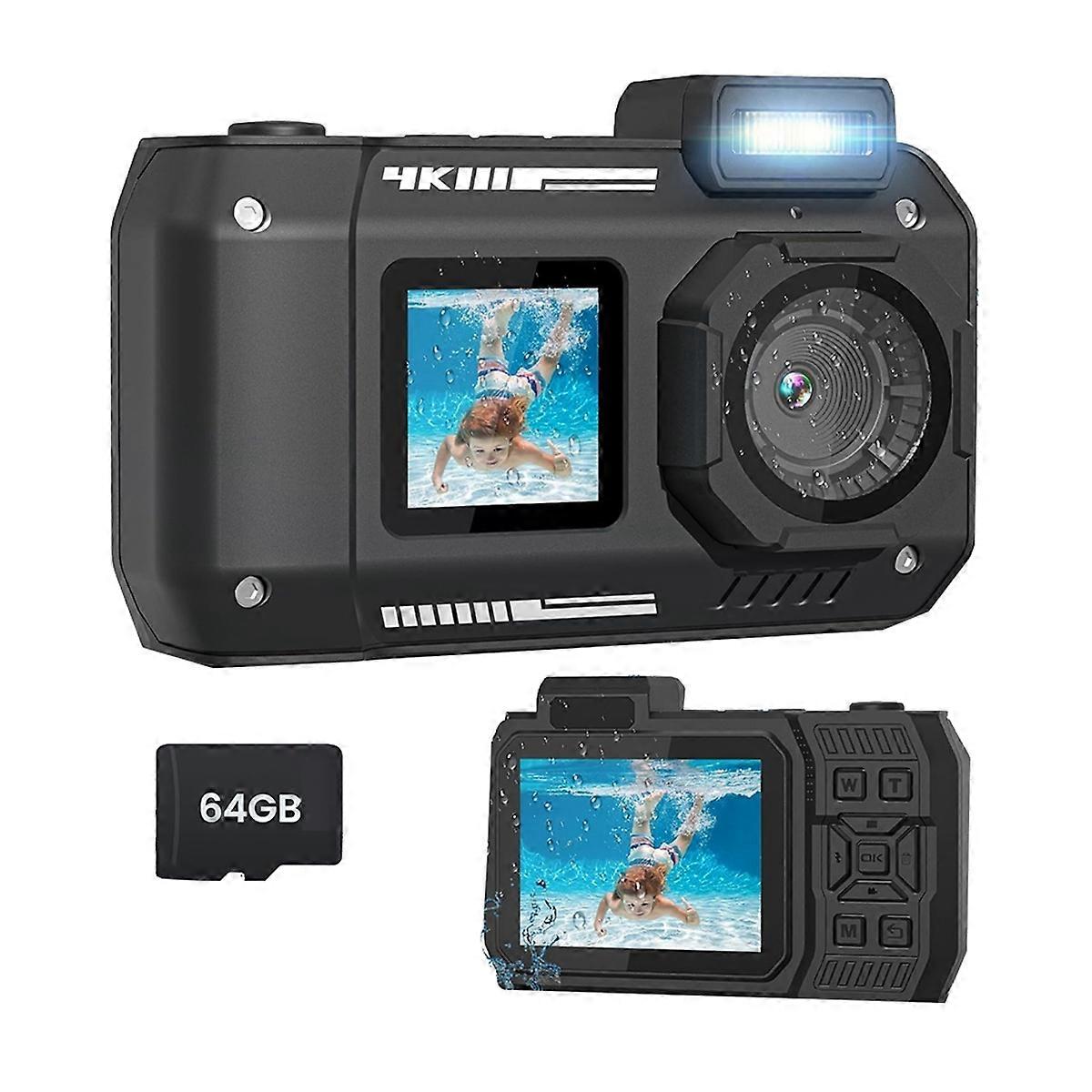 Waterproof Camera 4K 65MP Underwater Camera with 64G Card, for Snorkeling Autofocus Selfie Dual-Scr