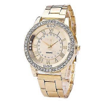 Men's Diamond-encrusted Disk Roman Engraved Quartz Watch Ladies Steel Belt Casual Watch  Gold