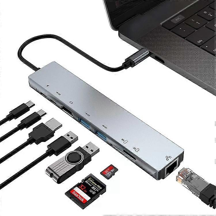 Type-C 扩展坞集线器-8 合 1,87W PD,HDMI,USB 3.0,RJ45,SD/TF -