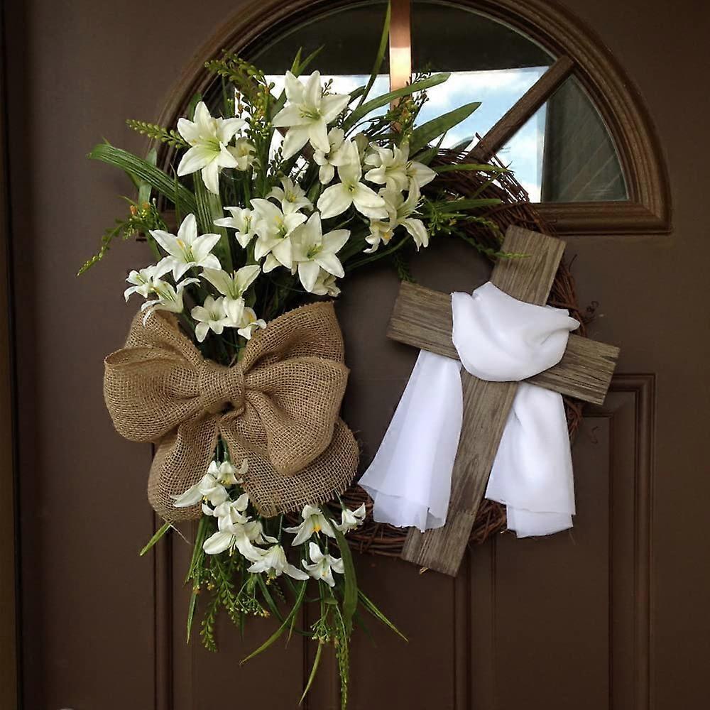 Easter Wreath with Cross Garland - 18' Religious Front Door Decor, Rustic Artificial Holiday Wreath for Easter Celebration