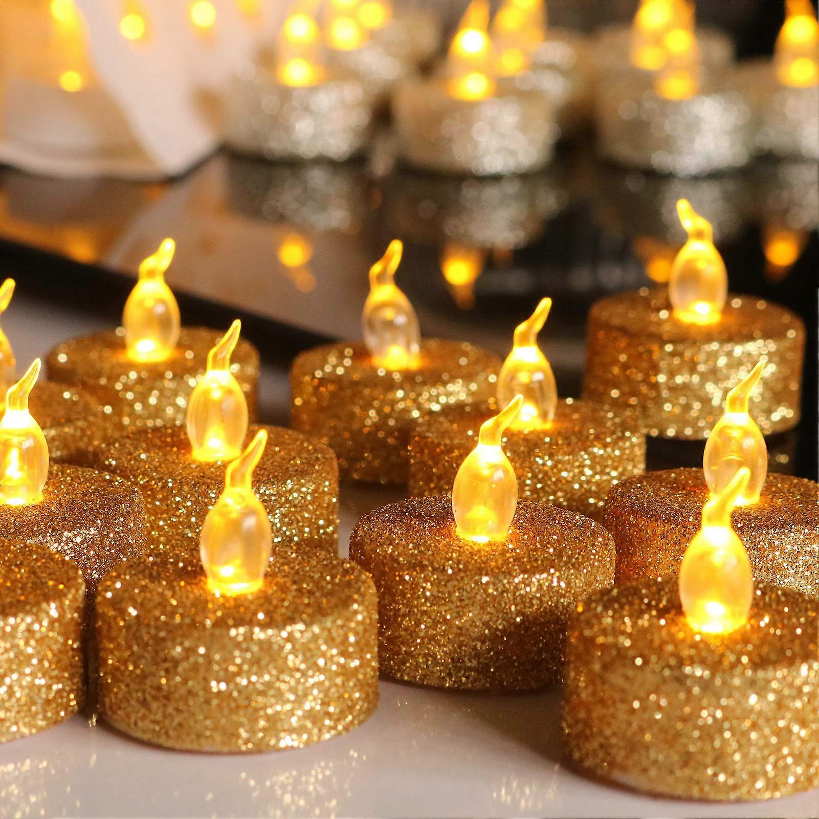 12 pcs Flickering Flameless Timer Gold Glitter Tea Lights for Wedding Table Centerpieces