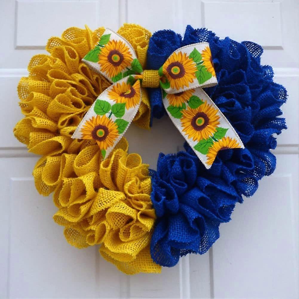 Ukraine Wreath Decor, Heart Shape Farmhouse Artificial Flower Wreath for Spring Summer Front Door Home Decoration