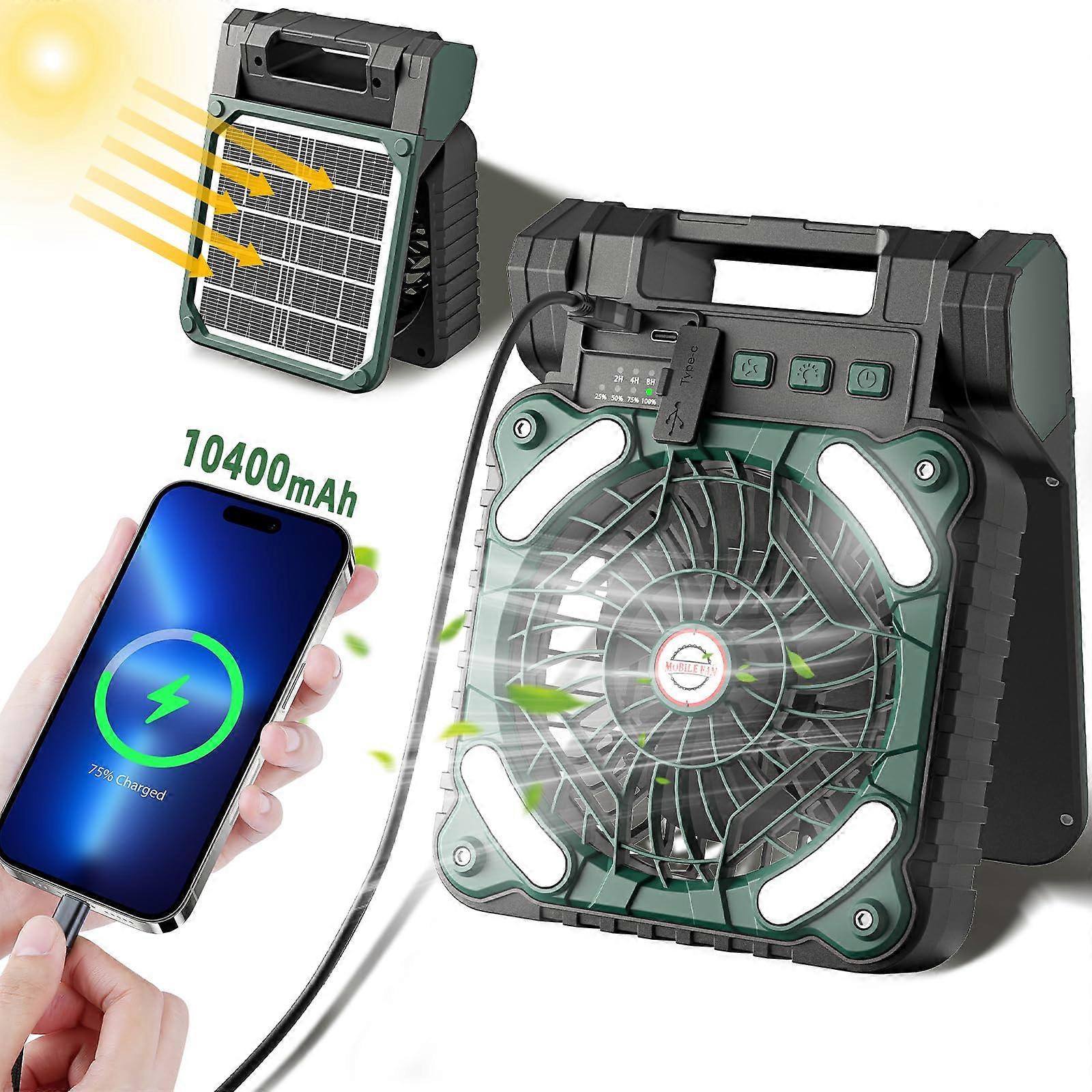 Solar Powered Camping Fan 10400mAh Rechargeable Cordless Battery Fan with LED Lantern for Outdoor Use