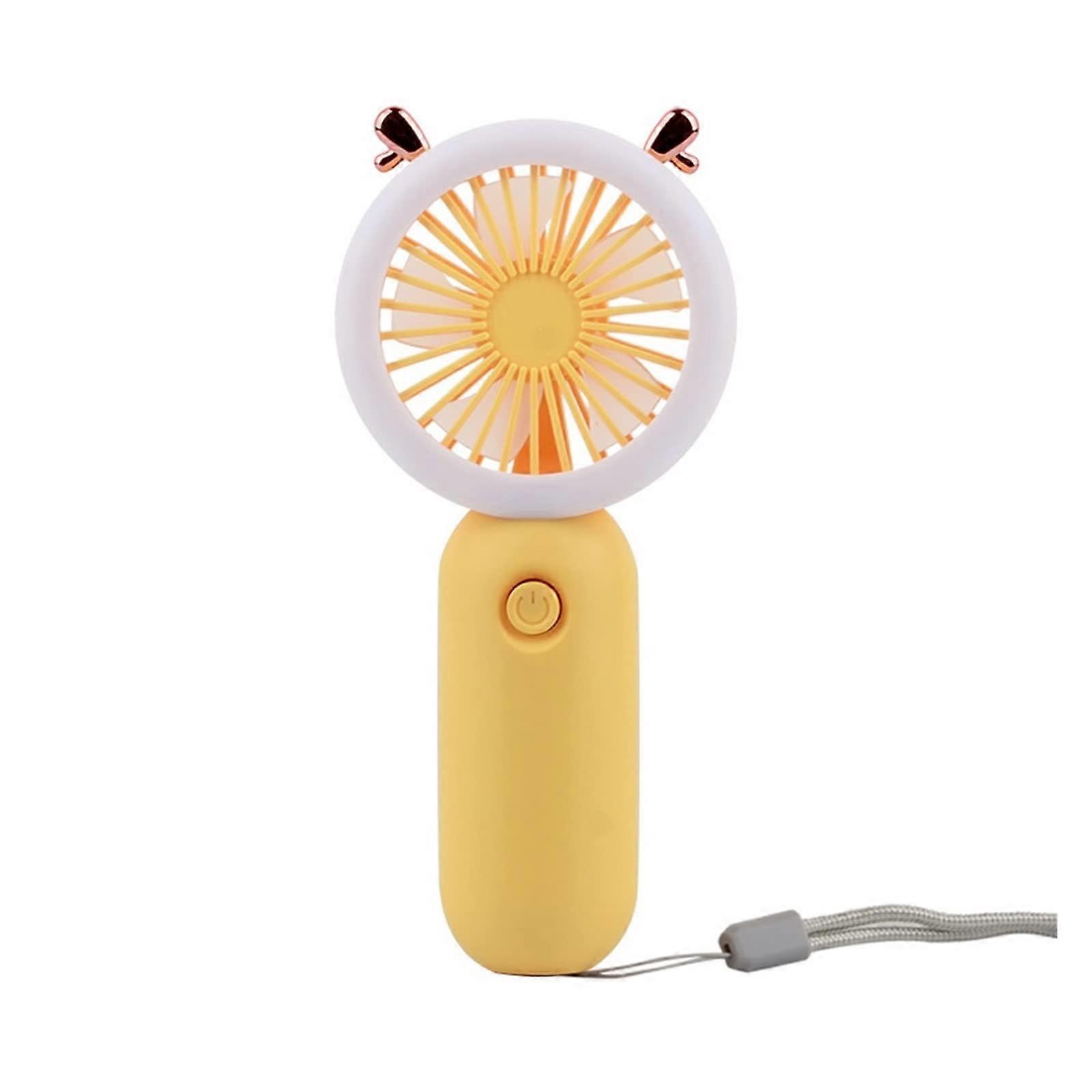 Handheld Mini Fan USB Rechargeable Portable Cartoon Fan with Night Light, Small Size 7x15x4cm, Silent Operation, Yellow